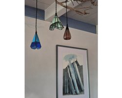 Tiffany lamp - turquoise en zeeblauwe glas - met linnen koord - unieke lichtontwerpen - SnelShoppen