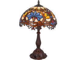 Tiffany tafellamp Art Nouveau - Crème-bruin-blauw - Ø 39,5 cm - Glas in lood - Warm licht - Sierlijk | RORUVERA