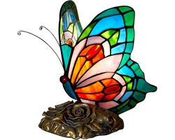 Tiffany Tafellamp, bedlamp, blauwe vlinder kleurstof, glas, vintage lampenkap voor slaapkamer, bureaulamp voor woonkamer, lezen