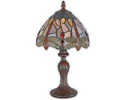 Tiffany tafellamp - Glas in lood - Libelle, blauw en paars - 35,5 cm hoog