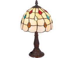 Tiffany tafellamp klassiek - Crème - Ø 20 cm - Glas in lood - Warm licht - Gekleurde glasjuweeltjes | RORUVERA