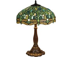 Tiffany tafellamp Libelle - Blauw-groen - Ø 40 cm - Glas in lood - Warm licht - Dragonfly - Klassiek | RORUVERA