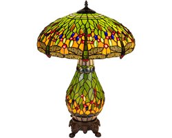 Tiffany tafellamp Libelle - Groen-geel - Ø 45 cm - Glas in lood - Warm licht - Verlichte voet - Dragonfly | RORUVERA