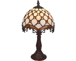 Tiffany tafellamp met glasjuwelen - Crème-bruin - Ø 20 cm - Glas in lood - Warm licht - Geometrisch - Klassiek | RORUVERA