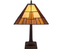 Tiffany tafellamp Mission stijl - Bruin-crème - B 30,5 cm - Glas in lood - Warm licht - Geometrisch - Vierkante kap | RORUVERA
