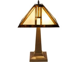 Tiffany tafellamp Mission stijl - Crème-amber - B 35 cm - Glas in lood - Warm licht - Geometrisch - Vierkante kap | RORUVERA