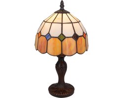 Tiffany tafellamp paneelpatroon - Crème-amber-oranje - Ø 19,5 cm - Glas in lood - Warm licht | RORUVERA