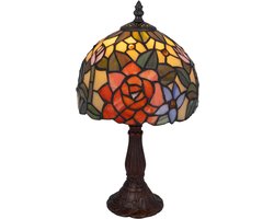 Tiffany tafellamp roos - Crème-rood-groen-blauw - Ø 20 cm - Glas in lood - Warm licht - Bloemmotief | RORUVERA