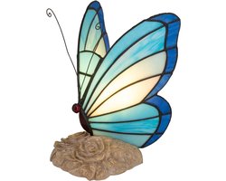 Tiffany tafellamp Vlinder - Blauw - H 24 cm - Glas in lood - Decoratieve figuurlamp - Warm licht | RORUVERA