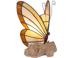 Tiffany tafellamp Vlinder - Crème-amber - H 24 cm - Glas in lood - Decoratieve figuurlamp - Warm licht | RORUVERA