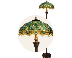 Tiffany vloerlamp Libelle - Blauw-groen - Ø 40 × H 165 cm - Staande lamp - Glas in lood - Warm licht - Dragonfly | RORUVERA