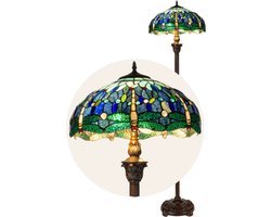 Tiffany vloerlamp Libelle - Blauw-groen - Ø 40 × H 165 cm - Staande lamp - Glas in lood - Warm licht - Dragonfly | RORUVERA