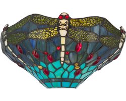 Tiffany wandlamp Libelle - Blauw-groen - B 25 cm - Glas in lood - Warm licht - Dragonfly - Muurlamp | RORUVERA