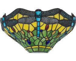 Tiffany wandlamp Libelle - Groen-geel - B 25 cm - Glas in lood - Warm licht - Dragonfly - Muurlamp | RORUVERA