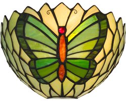 Tiffany wandlamp Vlinder - Groen - B 25 cm - Glas in lood - Warm licht - Muurlamp | RORUVERA