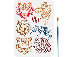 Tiger Motief Sjabloon met Kwast 21x29.7cm - Flaming Tiger Hoofd, Jacht Tijger Schilderen, Springende Tijger Silhouet Sjablonen voor Muur, Tegels en Meubels