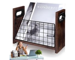 Tijdschriftenhouder - Bureau Organizer - Krantenbak - Boekenrek - 29x12x23 cm - Houtnerf - met Handgrepen - Open Gaas - Lectuurbak - Voor Boeken en Tijdschriften