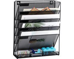 Tijdschriftenhouder Wand – 6-Laags Hangend Tijdschriftenrek – 40,5x32,5x10,5 cm – Zwart – 6 Vakken Wandrek Met Onderste Vak – Wandmontage – Van Metaal Met Poedercoating – Voor Kantoor, School & Thuis – Roestvrij