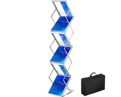 Tijdschriftenrek - Opvouwbare Brochurestandaard - 6 Vakken - Aluminiumlegering & Polycarbonaat panelen - 26 x 36 x 152 cm - Voor Beurzen & Bibliotheken - Zilver