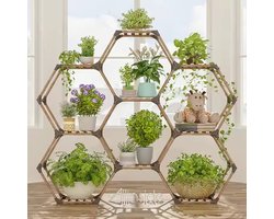 Tikea - Plantenstandaard - 6 hoekige plantenrek - 6 vakken - Plantenrek voor binnen en buiten - 141 x 25 x 141 cm + Rubberen hamer & handschoenen