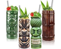 Tiki Bar Accessoires - Set van 4 Tiki Mokken en Tumblers voor Hawaiiaanse Luau Party - Exotische Cocktail Glas Drinkware mokken set