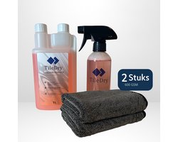 TileDry Bundelpakket - 2 stuks Droogdoek badkamer - Sanitair Reiniger - 1L - Hoge kwaliteit droogdoek - Streep en Kalkvrije badkamer- Droogdoek Auto - Microvezeldoek Fastdry droogdoek - Badkamer/Auto 60x40 cm -Absorbeert 800ml water