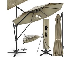 tillvex® Premium aluminium parasol, 330 cm, met afdekking en windbescherming, zweefparasol, 6-voudig verstelbaar, met zwengel, tuinparasol, 360 graden draaibaar, kantelbaar, UV50+ waterdicht, bruin