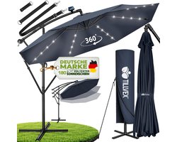 tillvex Zweefparasol Aluminium met LED Solar Ø 300 cm + Zwengel + Hoes + Windbescherming | Parasol met Standaard | Tuinparasol UV-bescherming | Waterdichte Draaiparasol Marktscherm