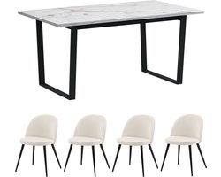 Tilst eethoek eettafel wit marmer print en 4 stoelen fluweel beige.