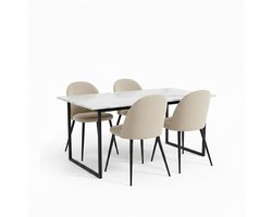 Tilst eethoek eettafel wit marmerprint 90x160 4 stoelen velours beige.