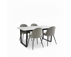 Tilst eethoek eettafel wit marmerprint 90x160 4 stoelen velours grijs.