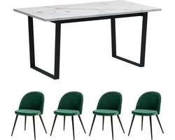Tilst eethoek eettafel wit marmerprint 90x160 4 stoelen velours groen.
