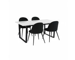 Tilst eethoek eettafel wit marmerprint 90x160 4 stoelen velours zwart.