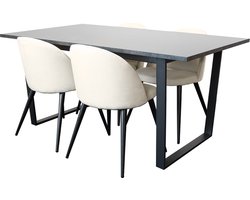 Tilst eethoek eettafel zwart marmer print en 4 stoelen fluweel beige.