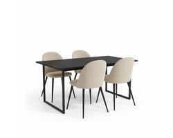 Tilst eethoek eettafel zwarte marmerprint 90x160 4 stoelen velours beige.