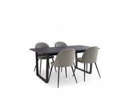 Tilst eethoek eettafel zwarte marmerprint 90x160 4 stoelen velours grijs.
