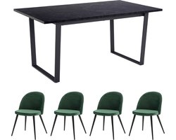 Tilst eethoek eettafel zwarte marmerprint 90x160 4 stoelen velours groen.