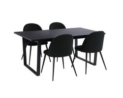 Tilst eethoek eettafel zwarte marmerprint 90x160 4 stoelen velours zwart.