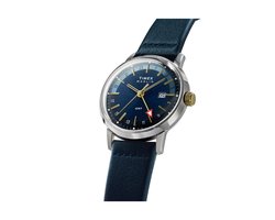 Timex Marlin Quartz Gmt Quartz Analoog Horloge Blauw En Zilverkleurig Kast Gemaakt Van 100% Roestvrij Staal En Een Armband Van 100% Leer 40 TW2Y47900AJ