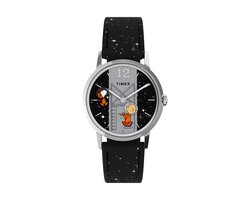 Timex Peanuts Marlin Hand Wind - Space Mechanisch Handopwind Horloge Zwart En Zilverkleurig Kast Gemaakt Van 100% Roestvrij Staal En Een Armband Van 100% Leer 34 TW2W89700OX