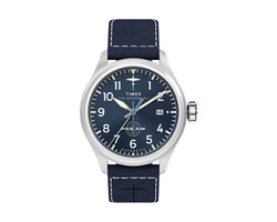 Timex Timex X Pan Am® Waterbury Ace Chronograph Mechanisch Automatisch Horloge Blauw Kast: 100% Roestvrij Staal | Armband 100% Leer 41 mm TW2Y38800YH