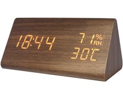 TIN-IN - Digitale klok - Bureauklok - Wooden look - temperatuur + luchtvochtigheidsmeter - Donker hout + Witte cijfers