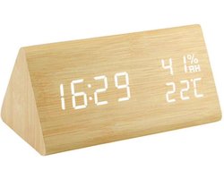 TIN-IN - Digitale Tafelklok - Bureauklok met Houtlook - Temperatuur en Luchtvochtigheidsmeter - Licht hout + Witte cijfers - Wekker - Slaapkamer en Bureau