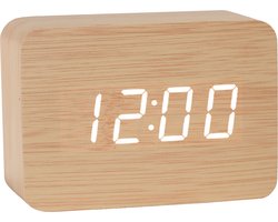 TIN-IN Digitale Tafelklok - Bureauklok met Houtlook- Wooden look - Licht hout + Witte cijfers - Wekker - Slaapkamer en Bureau