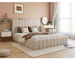 TINA Luxe Tweepersoonsbed – 200x200 cm – Modern Gestoffeerd Bed met Velutto Stof, Ruime Opbergruimte en Houten Lattenbodem – Elegant Design met Verticale Strepen en Slim-Constructie voor Slaapkamer-Novihome