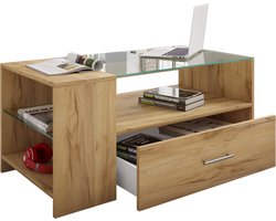 Tindala salontafel met glazen blad, 1 lade, 3 plankenHoning eiken decor.