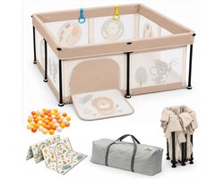 TinyPlay Grondbox baby - zeer snel inklapbaar - 120x120x65 cm - met Speelmat & Speelballen - Opvouwbare box - Kinderbox - Speelbox - Playpen - Ballenbak - Kruipbox - Beige