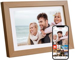 Tiqvi - Digitale fotolijst, WiFi en Frameo App - Fotokader 10 inch - Touchscreen - Hout