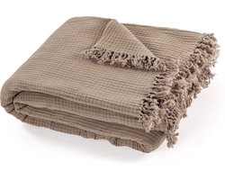 Tiseco - Deken SUZETTE - Mousseline zomer plaid met franjes - 130x160 cm - Taupe
