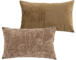 Tiseco Home Studio - Cushion (filled) ANNA - Velvet - Floral print - Rectangle - 30x50cm - Taupe - ShopVlot